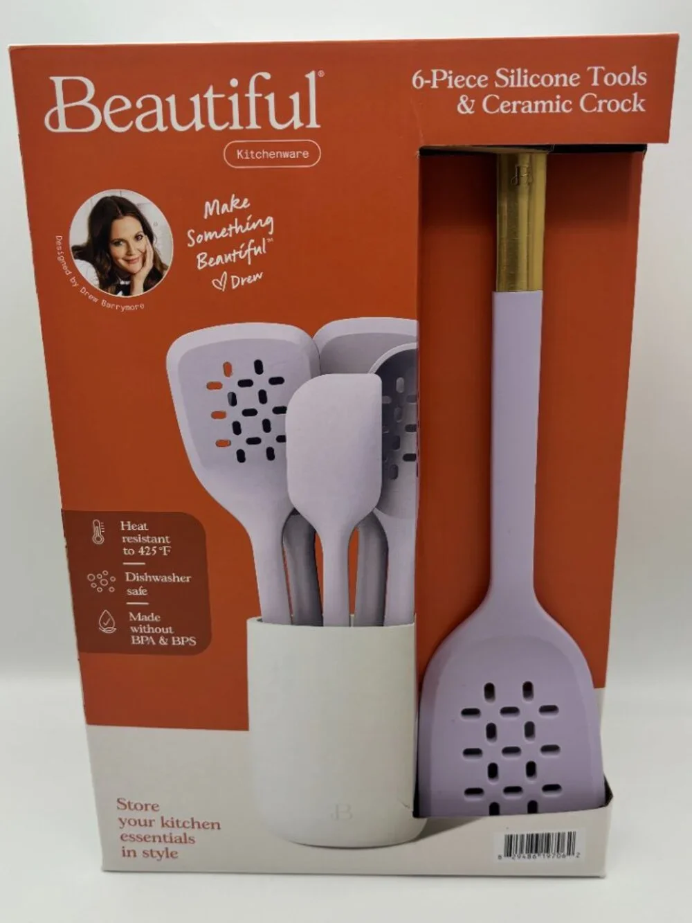 Beautiful 6pc Kitchen Silicone Tools Set Ceramic Crock Drew Barrymore, Lavender